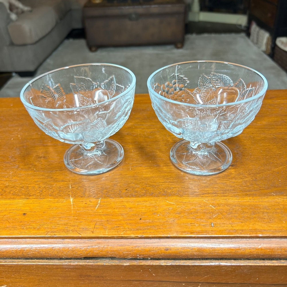 Vintage Clear Pressed Glass Fruit Embossed Footed Dessert Bowls Set of 2